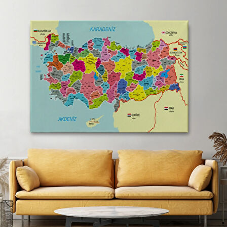 Komşulu İl ve İlçe Detaylı Türkiye Haritası, Harita Dekoratif Kanvas Tablo, Duvar Dekoru 2996