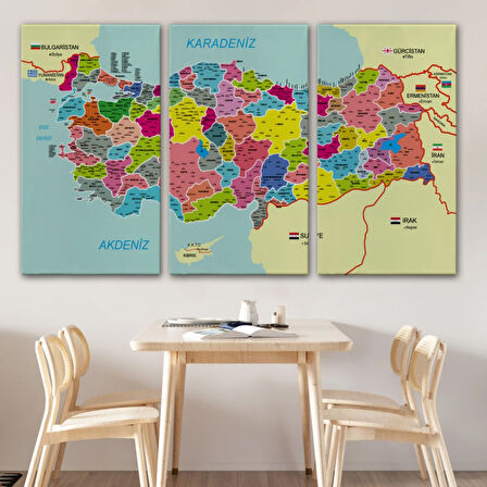 Komşulu İl ve İlçe Detaylı Türkiye Haritası, Harita Dekoratif Kanvas Tablo, Duvar Dekoru 2996