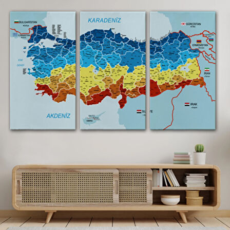 Komşulu İl ve İlçe Detaylı Türkiye Haritası, Harita Dekoratif Kanvas Tablo, Duvar Dekoru 2998