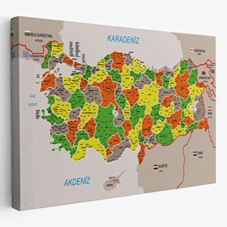 Komşulu İl ve İlçe Detaylı Türkiye Haritası, Harita Dekoratif Kanvas Tablo, Duvar Dekoru 2999