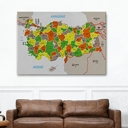 Komşulu İl ve İlçe Detaylı Türkiye Haritası, Harita Dekoratif Kanvas Tablo, Duvar Dekoru 2999