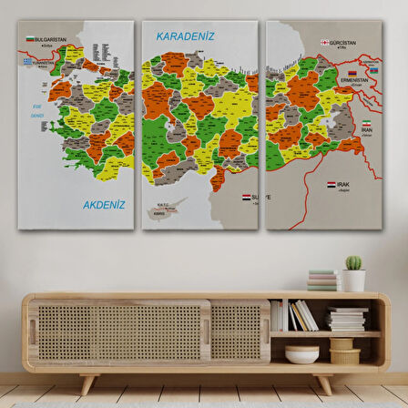 Komşulu İl ve İlçe Detaylı Türkiye Haritası, Harita Dekoratif Kanvas Tablo, Duvar Dekoru 2999