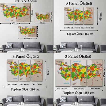 Komşulu İl ve İlçe Detaylı Türkiye Haritası, Harita Dekoratif Kanvas Tablo, Duvar Dekoru 2999