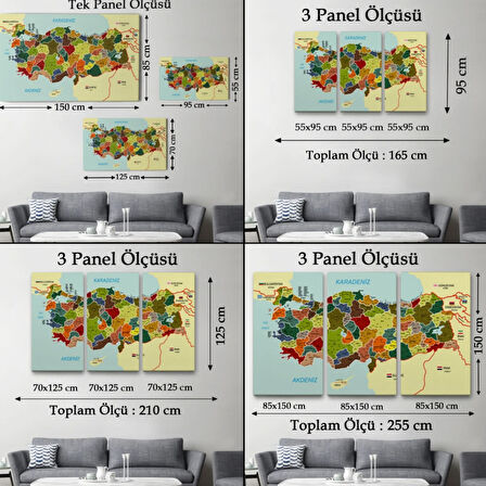 Komşulu İl ve İlçe Detaylı Türkiye Haritası, Harita Dekoratif Kanvas Tablo, Duvar Dekoru 3000