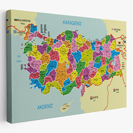 Komşulu İl ve İlçe Detaylı Türkiye Haritası, Harita Dekoratif Kanvas Tablo, Duvar Dekoru 3001