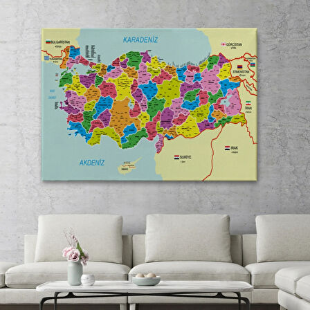 Komşulu İl ve İlçe Detaylı Türkiye Haritası, Harita Dekoratif Kanvas Tablo, Duvar Dekoru 3001