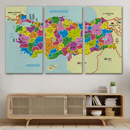 Komşulu İl ve İlçe Detaylı Türkiye Haritası, Harita Dekoratif Kanvas Tablo, Duvar Dekoru 3001