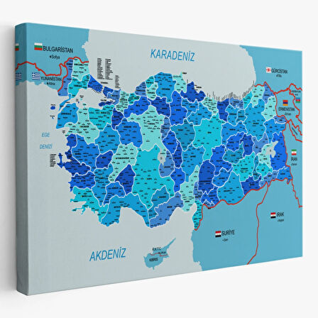 Komşulu İl ve İlçe Detaylı Türkiye Haritası, Harita Dekoratif Kanvas Tablo, Duvar Dekoru 3002