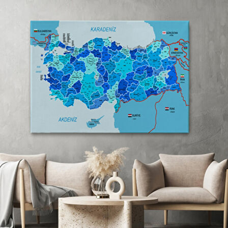 Komşulu İl ve İlçe Detaylı Türkiye Haritası, Harita Dekoratif Kanvas Tablo, Duvar Dekoru 3002