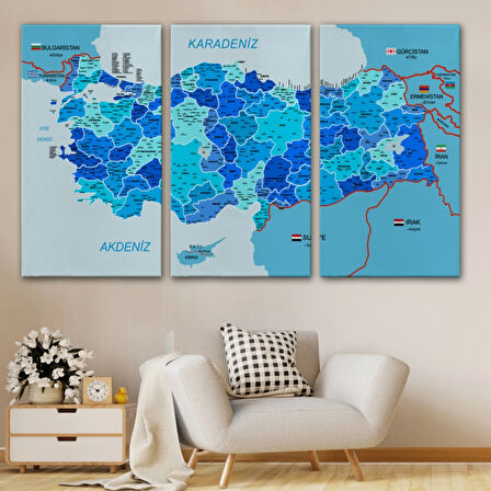 Komşulu İl ve İlçe Detaylı Türkiye Haritası, Harita Dekoratif Kanvas Tablo, Duvar Dekoru 3002