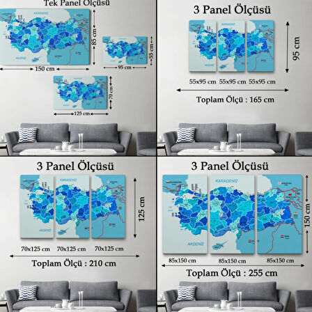 Komşulu İl ve İlçe Detaylı Türkiye Haritası, Harita Dekoratif Kanvas Tablo, Duvar Dekoru 3002