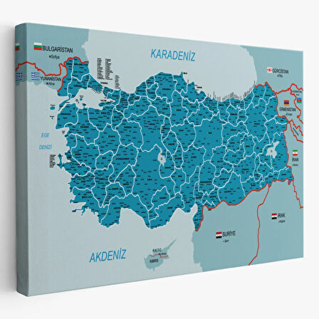 Komşulu İl ve İlçe Detaylı Türkiye Haritası, Harita Dekoratif Kanvas Tablo, Duvar Dekoru 3003