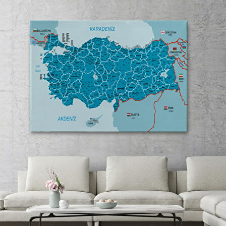 Komşulu İl ve İlçe Detaylı Türkiye Haritası, Harita Dekoratif Kanvas Tablo, Duvar Dekoru 3003