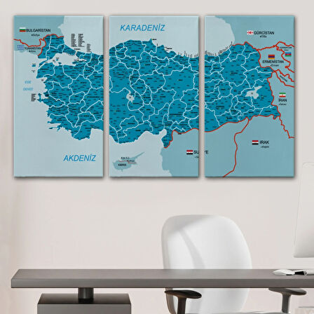 Komşulu İl ve İlçe Detaylı Türkiye Haritası, Harita Dekoratif Kanvas Tablo, Duvar Dekoru 3003