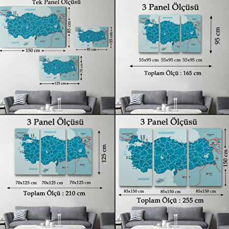 Komşulu İl ve İlçe Detaylı Türkiye Haritası, Harita Dekoratif Kanvas Tablo, Duvar Dekoru 3003