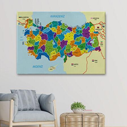Komşulu İl ve İlçe Detaylı Türkiye Haritası, Harita Dekoratif Kanvas Tablo, Duvar Dekoru 3004