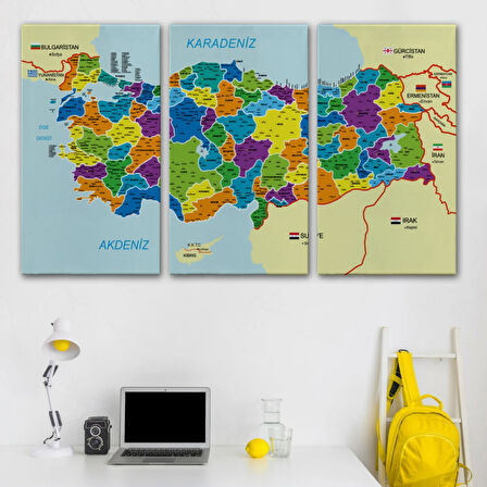 Komşulu İl ve İlçe Detaylı Türkiye Haritası, Harita Dekoratif Kanvas Tablo, Duvar Dekoru 3004