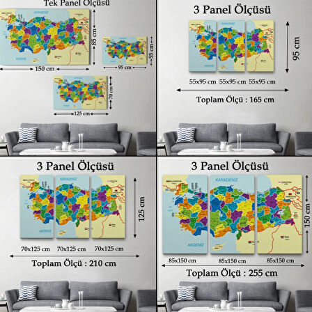 Komşulu İl ve İlçe Detaylı Türkiye Haritası, Harita Dekoratif Kanvas Tablo, Duvar Dekoru 3004