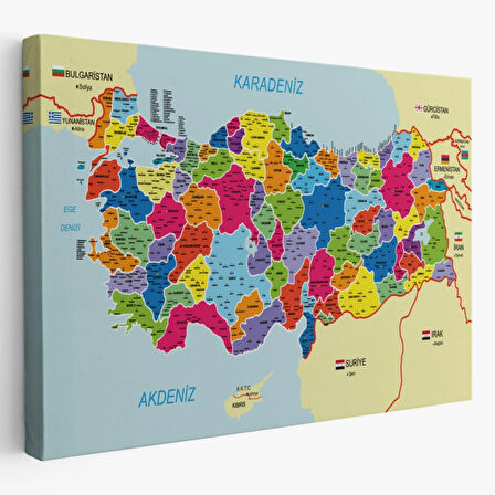 Komşu Ülkeler İl ve İlçe Detaylı Türkiye Haritası Dekoratif Kanvas Tablo, Duvar Dekoru 3005