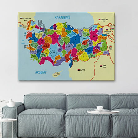 Komşu Ülkeler İl ve İlçe Detaylı Türkiye Haritası Dekoratif Kanvas Tablo, Duvar Dekoru 3005