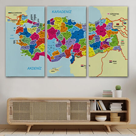 Komşu Ülkeler İl ve İlçe Detaylı Türkiye Haritası Dekoratif Kanvas Tablo, Duvar Dekoru 3005