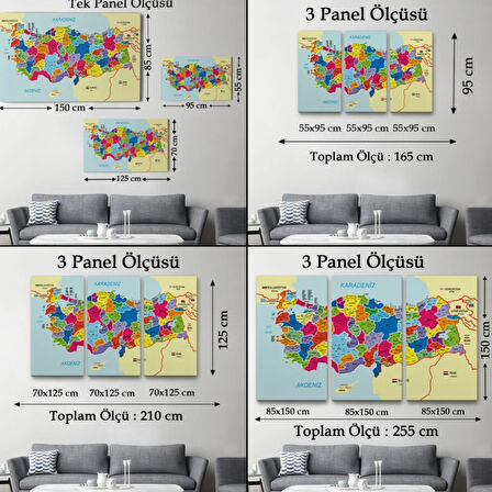 Komşu Ülkeler İl ve İlçe Detaylı Türkiye Haritası Dekoratif Kanvas Tablo, Duvar Dekoru 3005