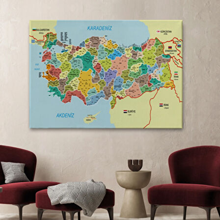 Komşulu İl ve İlçe Detaylı Türkiye Haritası, Harita Dekoratif Kanvas Tablo, Duvar Dekoru 3006