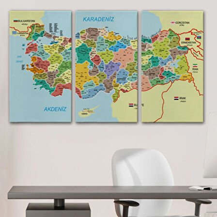 Komşulu İl ve İlçe Detaylı Türkiye Haritası, Harita Dekoratif Kanvas Tablo, Duvar Dekoru 3006