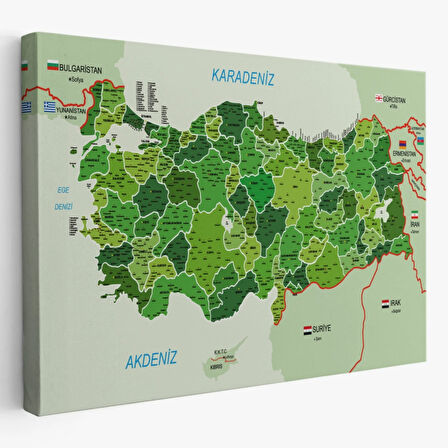 Komşulu İl ve İlçe Detaylı Türkiye Haritası, Harita Dekoratif Kanvas Tablo, Duvar Dekoru 3007