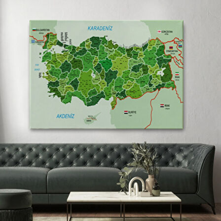 Komşulu İl ve İlçe Detaylı Türkiye Haritası, Harita Dekoratif Kanvas Tablo, Duvar Dekoru 3007