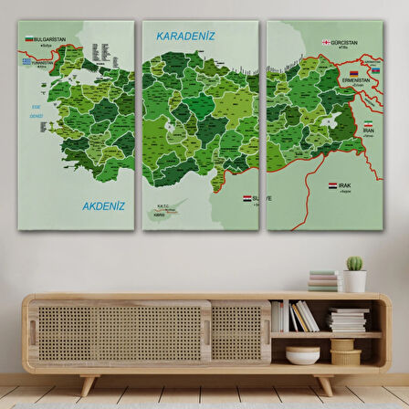 Komşulu İl ve İlçe Detaylı Türkiye Haritası, Harita Dekoratif Kanvas Tablo, Duvar Dekoru 3007