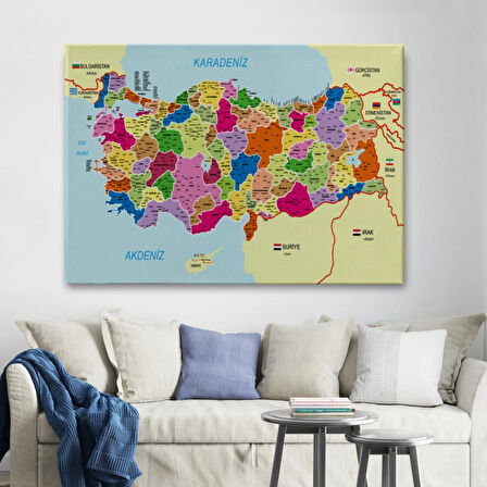 Komşulu İl ve İlçe Detaylı Türkiye Haritası, Harita Dekoratif Kanvas Tablo, Duvar Dekoru 3008