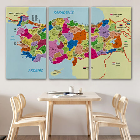 Komşulu İl ve İlçe Detaylı Türkiye Haritası, Harita Dekoratif Kanvas Tablo, Duvar Dekoru 3008