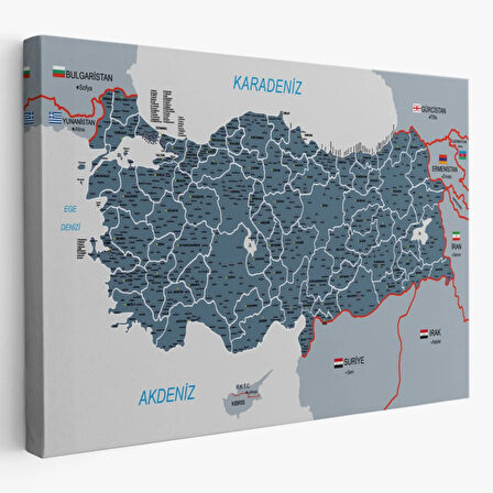 Komşulu İl ve İlçe Detaylı Türkiye Haritası, Harita Dekoratif Kanvas Tablo, Duvar Dekoru 3009