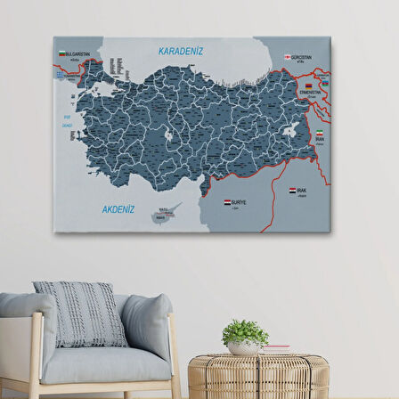 Komşulu İl ve İlçe Detaylı Türkiye Haritası, Harita Dekoratif Kanvas Tablo, Duvar Dekoru 3009