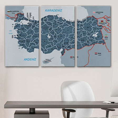 Komşulu İl ve İlçe Detaylı Türkiye Haritası, Harita Dekoratif Kanvas Tablo, Duvar Dekoru 3009
