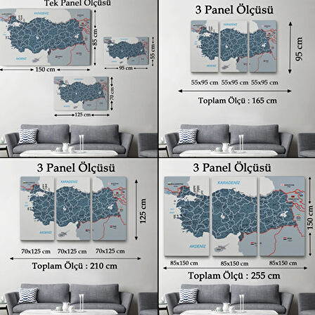 Komşulu İl ve İlçe Detaylı Türkiye Haritası, Harita Dekoratif Kanvas Tablo, Duvar Dekoru 3009