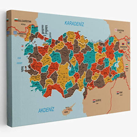Komşulu İl ve İlçe Detaylı Türkiye Haritası, Harita Dekoratif Kanvas Tablo, Duvar Dekoru 3010