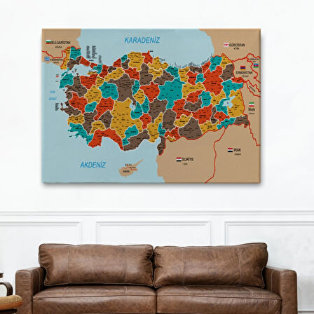 Komşulu İl ve İlçe Detaylı Türkiye Haritası, Harita Dekoratif Kanvas Tablo, Duvar Dekoru 3010