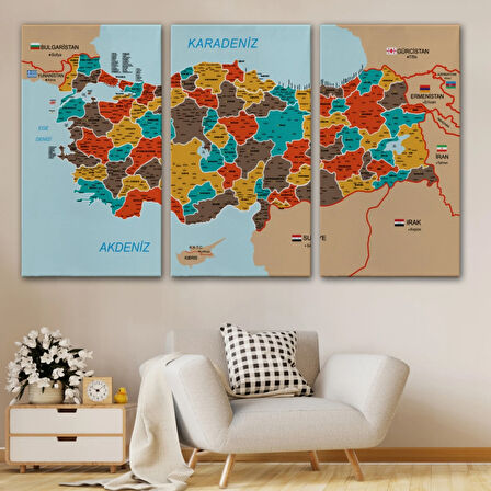 Komşulu İl ve İlçe Detaylı Türkiye Haritası, Harita Dekoratif Kanvas Tablo, Duvar Dekoru 3010