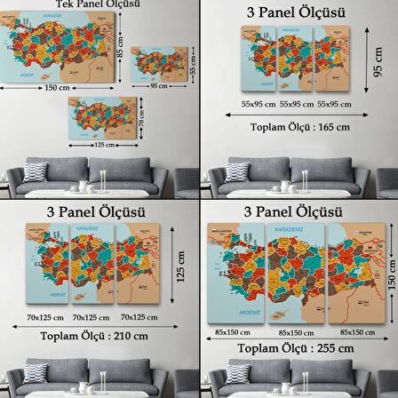 Komşulu İl ve İlçe Detaylı Türkiye Haritası, Harita Dekoratif Kanvas Tablo, Duvar Dekoru 3010
