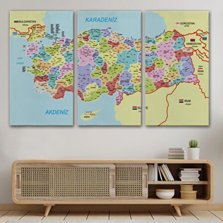Komşulu İl ve İlçe Detaylı Türkiye Haritası, Harita Dekoratif Kanvas Tablo, Duvar Dekoru 3011