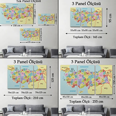 Komşulu İl ve İlçe Detaylı Türkiye Haritası, Harita Dekoratif Kanvas Tablo, Duvar Dekoru 3011