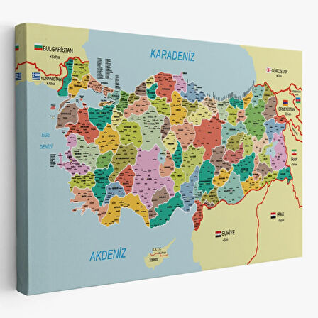 Komşulu İl ve İlçe Detaylı Türkiye Haritası, Harita Dekoratif Kanvas Tablo, Duvar Dekoru 3012