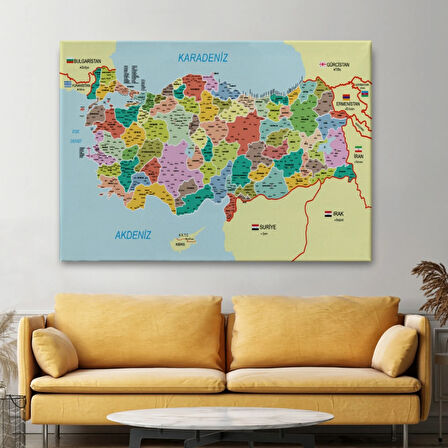 Komşulu İl ve İlçe Detaylı Türkiye Haritası, Harita Dekoratif Kanvas Tablo, Duvar Dekoru 3012