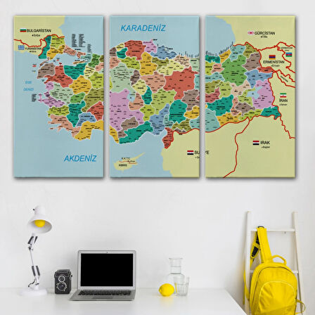 Komşulu İl ve İlçe Detaylı Türkiye Haritası, Harita Dekoratif Kanvas Tablo, Duvar Dekoru 3012