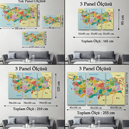 Komşulu İl ve İlçe Detaylı Türkiye Haritası, Harita Dekoratif Kanvas Tablo, Duvar Dekoru 3012