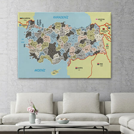 Komşulu İl ve İlçe Detaylı Türkiye Haritası, Harita Dekoratif Kanvas Tablo, Duvar Dekoru 3013