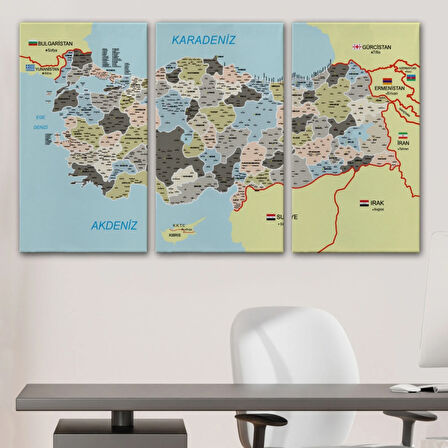 Komşulu İl ve İlçe Detaylı Türkiye Haritası, Harita Dekoratif Kanvas Tablo, Duvar Dekoru 3013