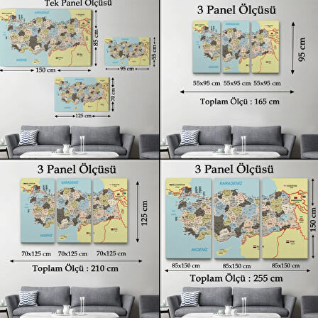 Komşulu İl ve İlçe Detaylı Türkiye Haritası, Harita Dekoratif Kanvas Tablo, Duvar Dekoru 3013